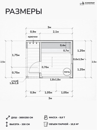 Уличная баня, уличная сауна Scandinaf Frame, 3х2,5м, 4-6 чел., чёрный
