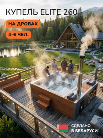 Купель с подогревом на дровах Scandinaf Elite 260, 4-6 чел., AISI 316L, морёный дуб, аэромассаж, подсветка