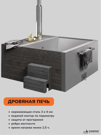 Купель с подогревом на дровах Scandinaf Elite 260, 4-6 чел., AISI 316L, серый, подсветка